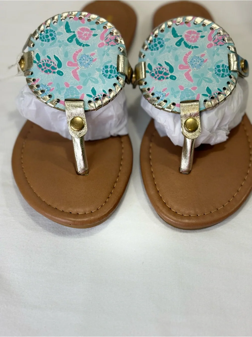 NWT Simply Southern Floral Gold Reversible Sandals - Blue/Pink SZ 6